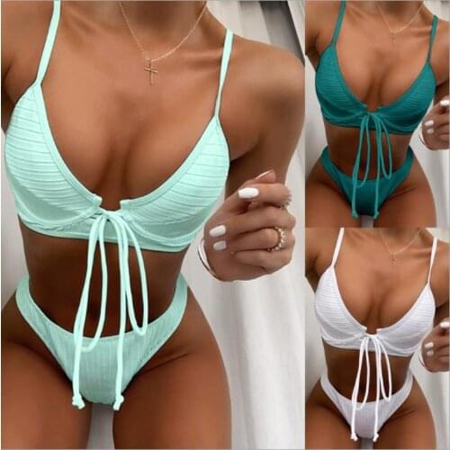 Sexy High Waist Womens Swimwear 2021 Solid Color Bandage Padded Bikini Set Ladies Two Piece Swimsuit Summer Bathing Suit