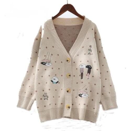 Spring Autumn Cartoon Print Knit Cardigan Women V Neck Long Sleeve Knitshirt Tops Female Harajuku Knit Sweater Coat Pull Femme
