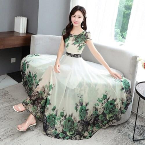 Chiffon Printed Dress Women Summer Korean Slim Stitching Big Swing Dresses Mid-waist Long Temperament Chiffon Dress Female A924