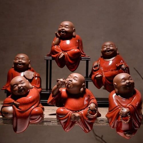 Chinese style red Zen ceramic laughing Buddha statue Traditional handmade artwork Lovely home living room, study, decorations