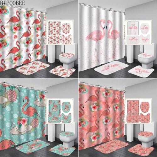 Flamingo Print Shower Curtain Waterproof Polyester Bathroom Curtains White Non Slip Carpet Toilet Lid Cover Bath Mats Set