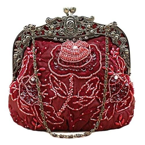 Burgundy Handmade Womens Beaded Sequined Handbag Clutch Wedding Evening Bag Banquet Makeup Bag Free Shipping 2583-K
