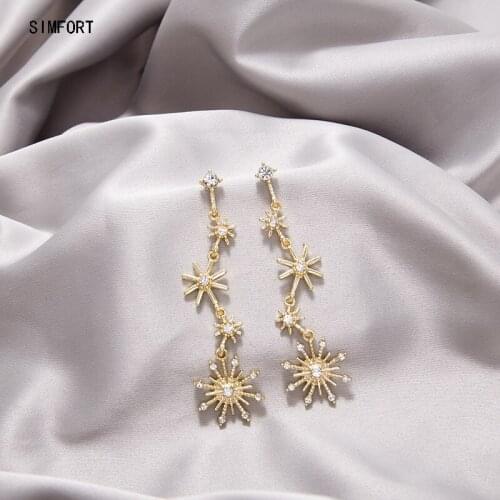 Womens 925Silver Pin Earrings Long Snowflake Diamond Elegant Fashion Personality Vintage Simple Alloy Decoration Jewelry Gift