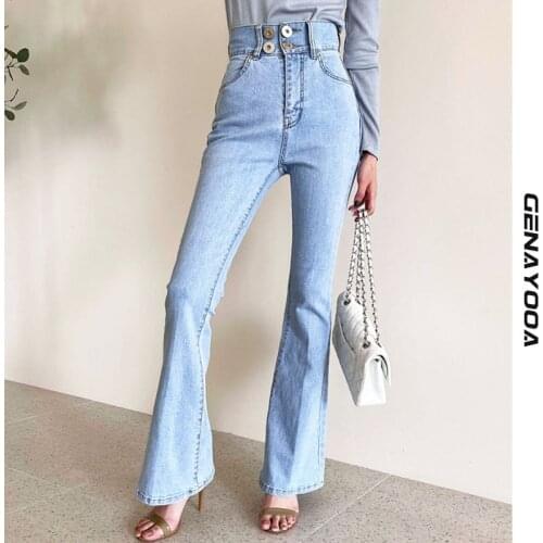 Genayooa Brand High Waist Flare Pants Jeans Women Korean Style Button Blue 2021 Fashion Summer Washed Push Up Mom Jeans Feminino