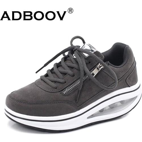 ADBOOV Air Sole Body Shape Wedge Platform Sneakers Women Genuine Leather Fitness Gym Rocker Bottom Shoes Zip Design Toning Shoes