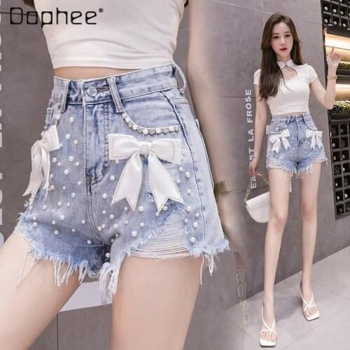 2021 New Summer Beaded Ripped Womens Bow Burr Hot Pants Ins Trendy Denim Shorts
