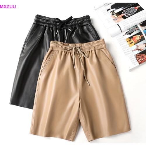 Pantalones Cortos De Moda Women Real Leather High Waisted Shorts Girl Elastic Loose Wide Leg Sheepskin 5'Pants Outside Cyber Y2k