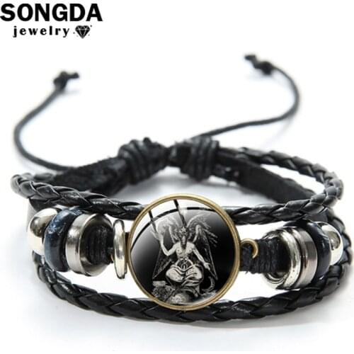 SONGDA Sign of Baphomet Leather Bracelet Men Baphomet Astral Void Energy Talisman Buttons Bangles Cool Stuff Best Friends Gifts
