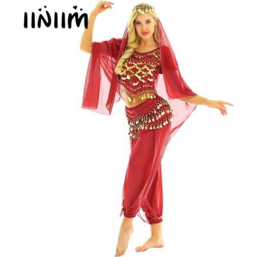 2019 Womens Belly Dance Show Halloween India Dress Up Parties Costume Set Top with Harem Pants Hip Scarf Belly Dancing Clubwear