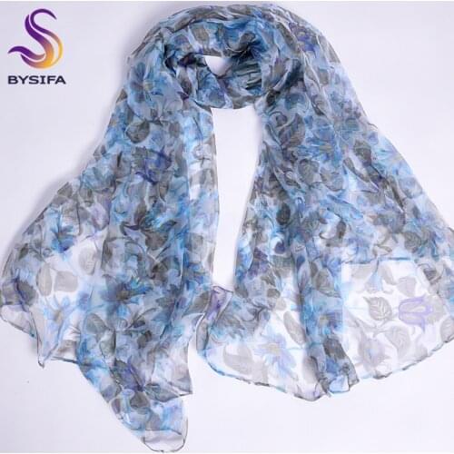 [BYSIFA] Blue Grey Scarf 2016 New Design Thin Female Long Scarf Summer Ladies Soft Pure Silk Scarf 170*105cm Autumn Scarves