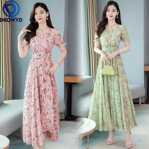 Summer Vintage V-neck Long Sundress Women Elegant Bodycon Party Vestidos 2021 New Casual Floral Chiffon Boho Beach Maxi Dresses