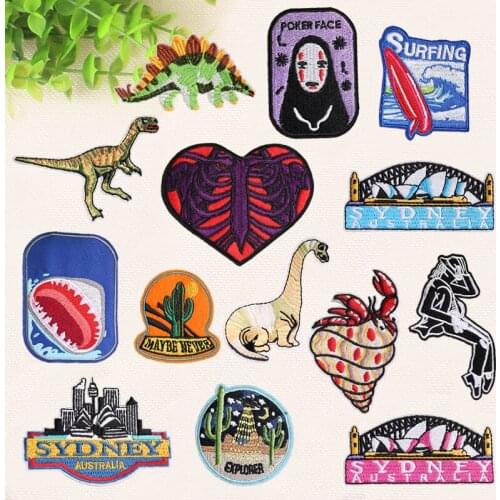20pcs/lot Embroidery Patch Letter Dinosaur Cactus Sydney Clothing Decoration Sewing Accessories Diy Iron Heat Transfer Applique