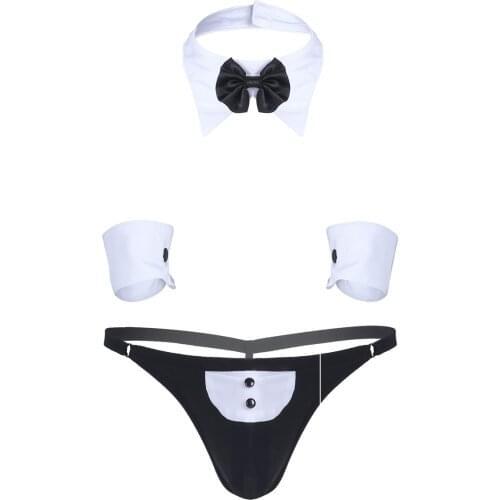 3Pcs Mens Waiter Lingerie Suit Open Back Tuxedo G-string Thong Underwear with Bow Tie Collar and Bracelets Sexy Roleplay Costume
