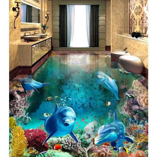 3D Photo Wall Paper 3D Stereo Underwater World Dolphins 3D Floor Tiles Murals Bathroom Living Room Waterproof PVC Wallpaper