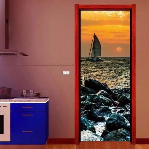 3D Cool Sea Sailing Sunset Boating Door Sticker Wallpaper Wall Stickers DIY Mural Poster PVC Waterproof Bedroom Home Decor