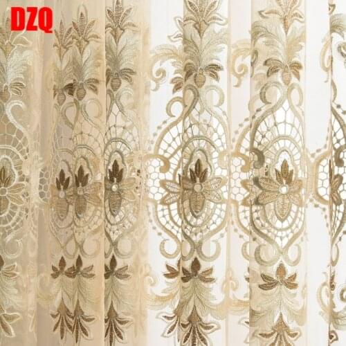 Beige Embroidery Flower Screens European Hollow Lace Tulle Sheer Curtain for Bedroom Living Room Windows Voile Curtains