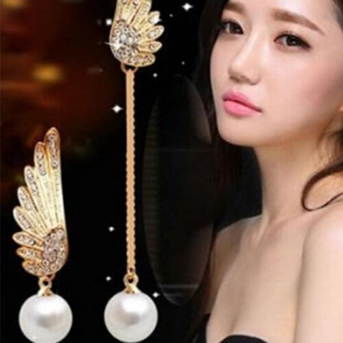 Hypoallergenic personalized angel wings asymmetric long statement earrings imitation pearl jewelry for women free shipping