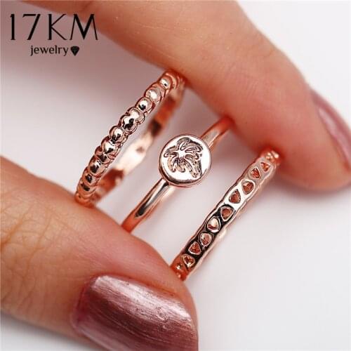 17KM 3PCS/set Fashion Geometric Rings Set For Women Girls Plant Pattern Round Couple Ring 2019 Rose Gold Female Party Jewelry