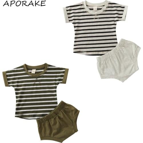 2021 0-24M Newborn Baby Girl Clothes Set Tracksuit Striped Print Short Sleeve T-shirt+Triangle Shorts Summer Cotton 2pcs Outfits