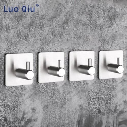 Self Adhesive 304 Stainless Steel Hook Back Door Bedroom Coat Hanger Rustproof Bathroom Kitchen Towel Hook 4 pcs/lot