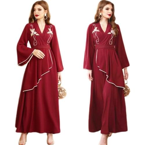 Muslim Women Long Dress Vintage Beads Embroidery Abaya Maxi Robe Ramadan Ethnic Islamic Middle East Dubai Kaftan Elegant Party