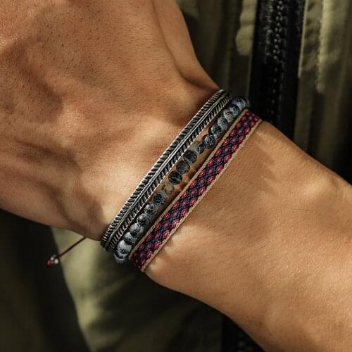 3Pcs/Set Mens Wrist Bracelets Natural Weathered Agate Beads Tibetan Buddhism Handmade Rope Bracelet Dropshiping