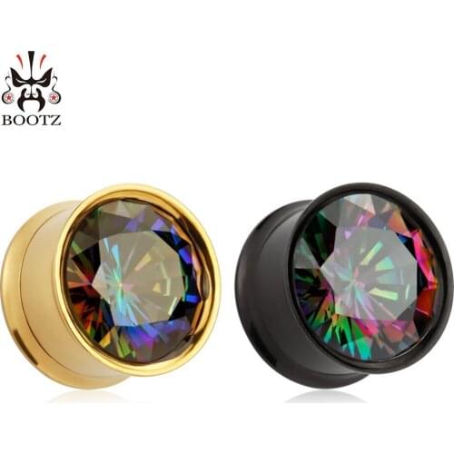 2018 new arrival double flared stainless steel black and gold zircon ear plugs tunnels wholesale expander body jewelry piercing