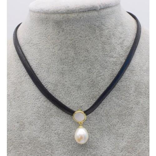 Freshwater pearl white rice 10*12mm and black leather chocker necklace 16inch wholesale beads nature FPPJ woman