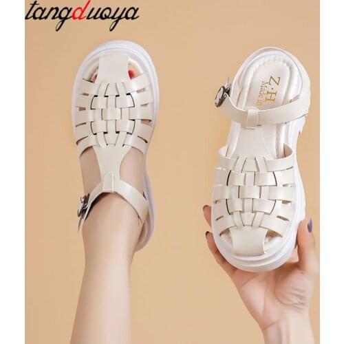 Womens Sandals 2021 Summer Flat Platform Sandal Thick Bottom Genuine Leather Fashion Female Footwear Buckle Strap Ladies Shoes