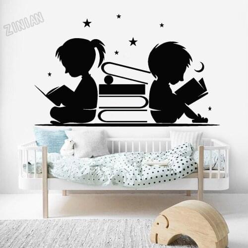 Child Room Vinyl Wall Decal Boy Girl Reading Books Stars Moon Wall Stickers Decor Nursery Kids Room Library Wall Paper Y075