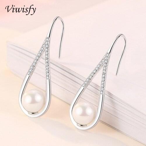 Viwisfy Genuine 925 Sterling Silver Drop Earrings For Women Pearl Crystal Water Droplets Dangle Earrings Wedding Girl VW21202