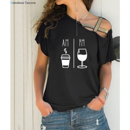 AM Coffee PM Wine Letter Print T Shirt Women Short Sleeve Tshirt 2020 Summer Woman Tee Shirt Tops Camisetas Mujer for lady