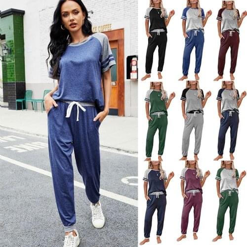 Women Summer Casual Loose 2 Piece Outfits Contrast Striped Print O-Neck Short Sleeve Top+Drawstring Pockets Decor Pencil Pants