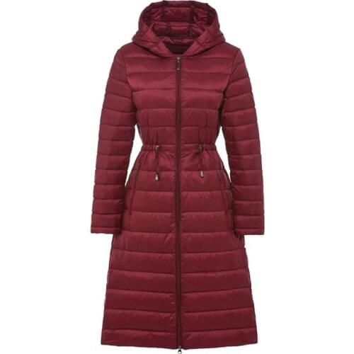 Winter new white duck down super light down jacket womens super long over knee slim hood large medium length women