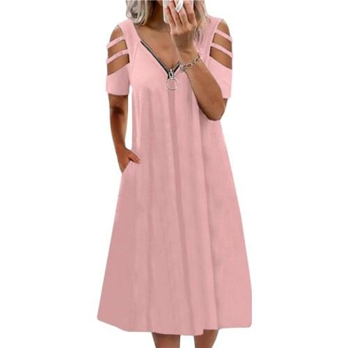 New Sexy V-neck Zipper Dress Summer Solid Casual Off-shoulder Short-sleeved Loose Female Dress Street Womens Vestidos