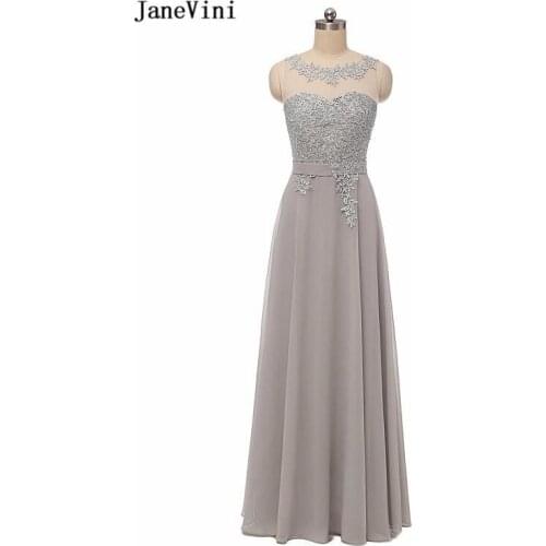 JaneVini Elegant Gray Plus Size Long Bridesmaid Dresses Scoop Neck Appliques Backless Chiffon Dress Prom Party Gowns for Womens