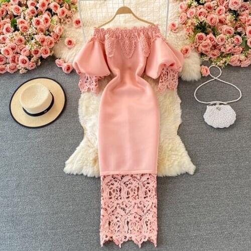 Fashion Vestidos Mujer Verano 2021 Slash Nec Patchwork Slim Dress Vintage French Lantern Sleeve Dress