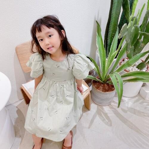 2021 Summer toddler kids dresses embroidered floral green colour sweet girls dresses