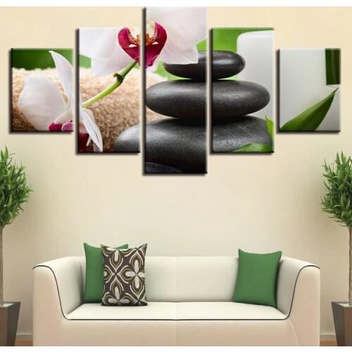 5 Pieces White Orchid Flowers And Stones HD Canvas Paintings For Living Room Home Decor Modular Pictures Wall Posters(No Frame)