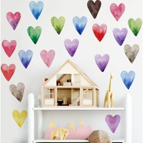 5Pcs Watercolor Heart Wall Sticker Self Adhesive Decal Bedroom Kindergarten Decor DIY Kids Baby Girl Room wallpaper