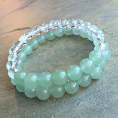 8mm Set of 2 Beaded Bracelets Green Stone Clear Crystal Quartz Bracelet Yoga Mala Beads Bracelets Elastic Stretchy Bracelet