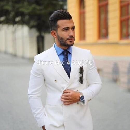 White Men Suits Slim Fit Wedding Tuxedos Casual Business Prom Suits Double Breasted Groom Wear Bridegroom 2Pcs Costume Homme