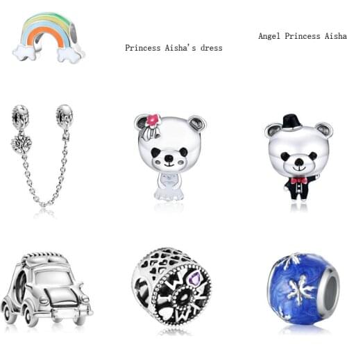 5PCS Trendy Enamel Rainbow Princess Dress Bride Groom Bear Car Snowflak Beads Fit DIY European Bracelet Women Men Jewelry Making