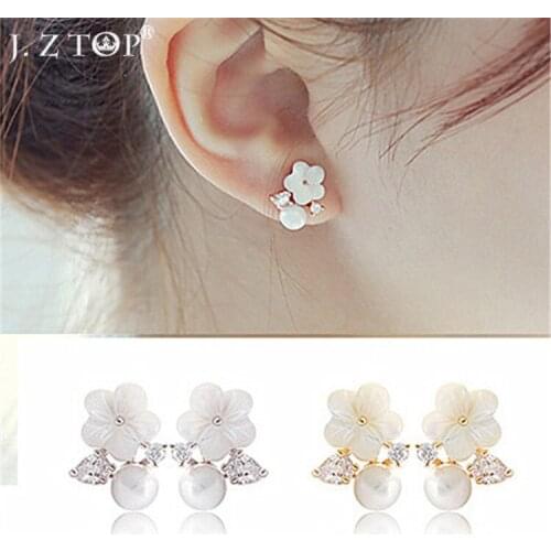 JZTOP Shell Petal Daisy Flower Stud Earrings Fine Rhinestone Zircon Imitation Pearl Earrings Needles Hypoallergenic