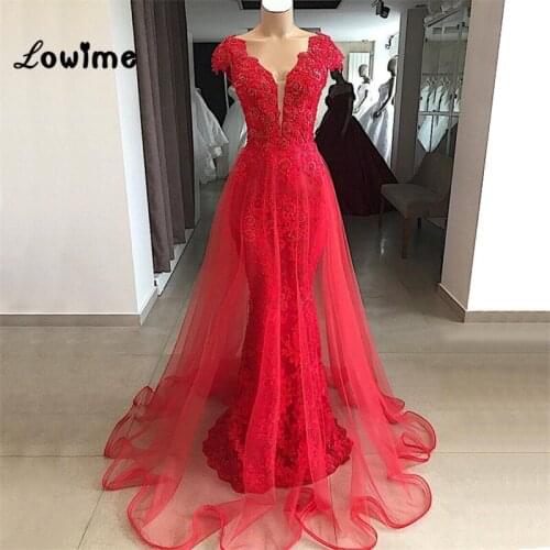 Red Formal Evening Dresses Two Pieces Lace Arabic Dubai Prom Dresses Robe De Soiree Abendkleider 2019 Pageant Party Dress