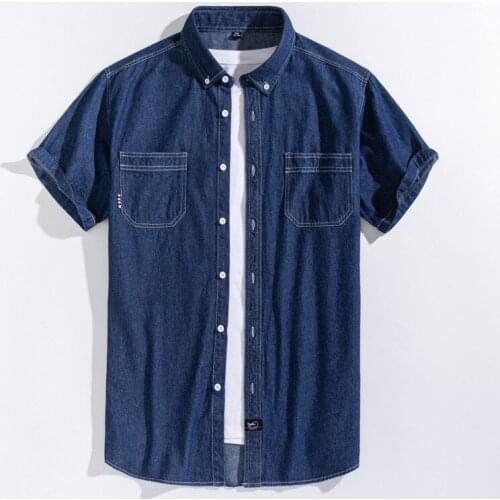Summer New Denim Short-sleeved Shirt 100% Cotton Thin Mens Casual Plus Size Denim Shirt Male Pure Color High-end Brand Blouse