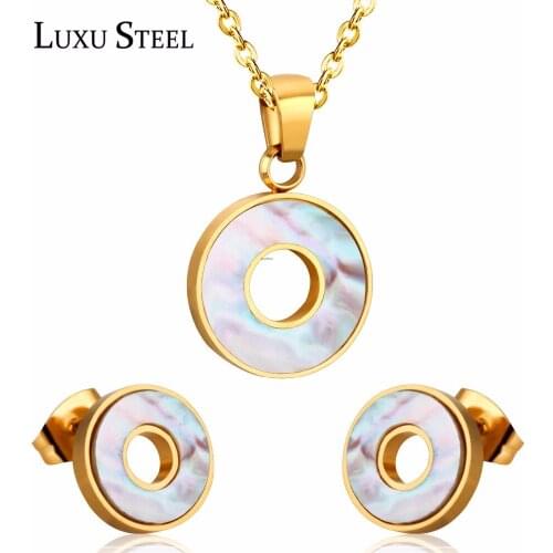 LUXUSTEEL Round Shell Jewelry Sets Women Accessories Stainless Steel Pendant Necklace Collars Party 2020