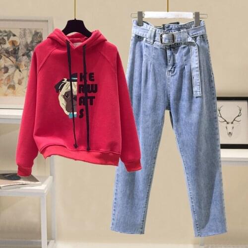 Fashion Suit Female Spring and Autumn Korean Printed Cartoon Sweater Hooded Top + Loose Tooling High Waist Jeans Suit