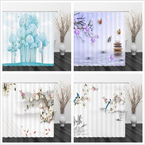 Cartoon Landscape Shower Curtains Flowers Bird Butterfly Tulip Peony Lotus Bathroom Decor Waterproof Polyester Cloth Curtain Set