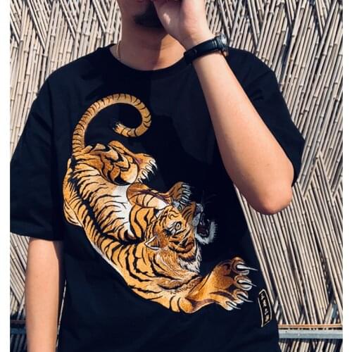 2021 Original Summer Heavy Industry Embroidery Crouching Tiger Cotton Chinese Style Large Size Mens Short Sleeve T-shirt Shirts